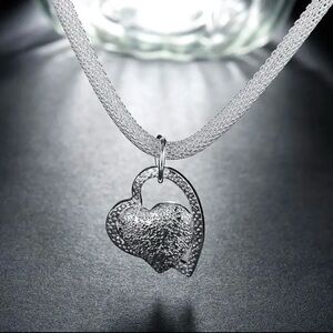 NWT! Chic 925 Silvery-Plated Double Heart Pendant Necklace - Frosted Fin…